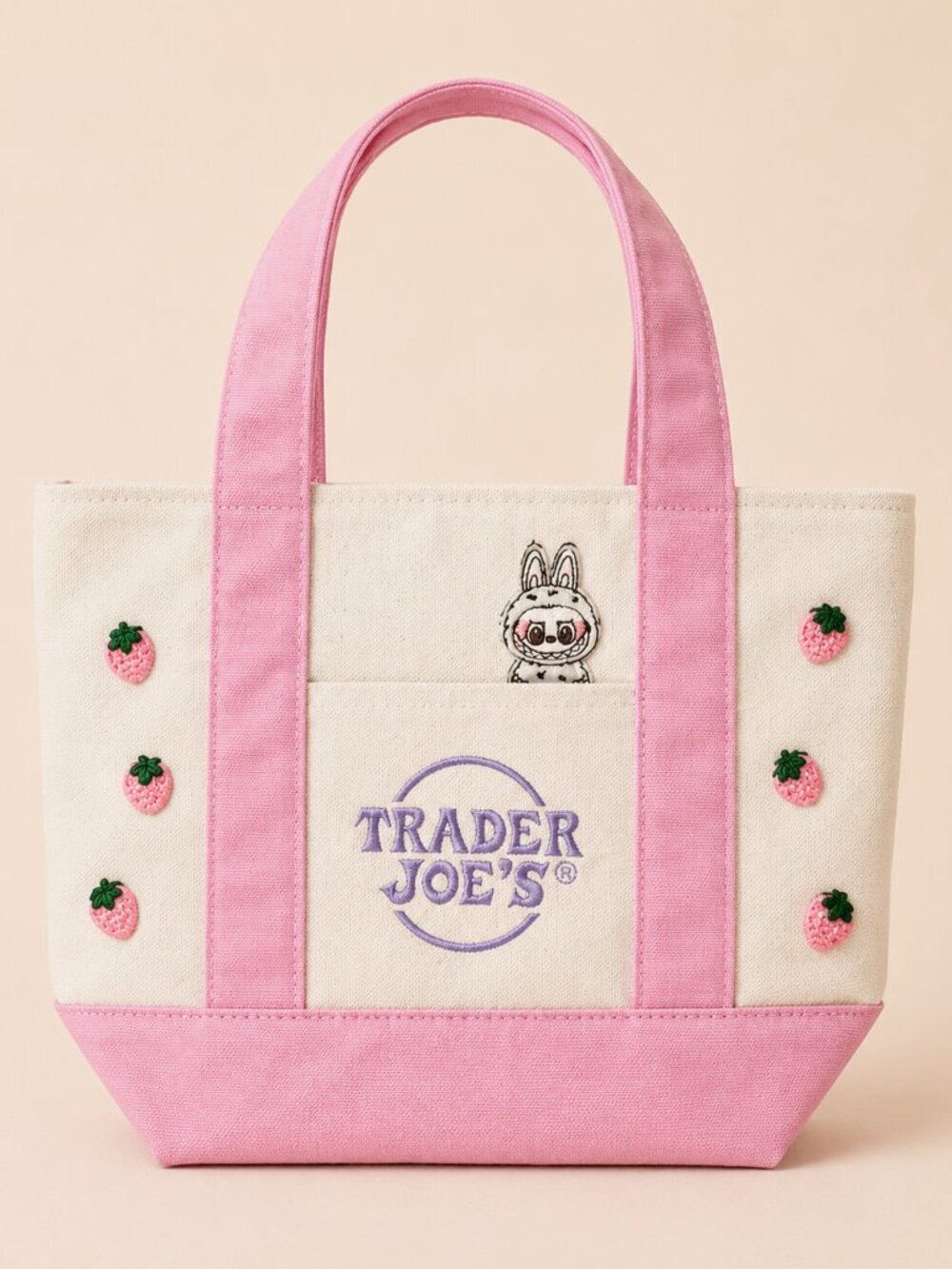Trader Joe's Custom Pastel Mini Tote Labubu Strawberry Embroidered Tote Pink